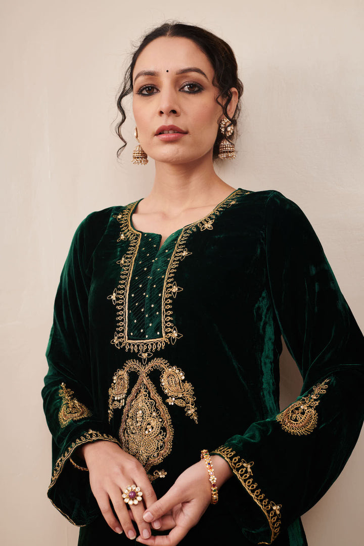 Naveli Green Zari Embroidered Kurta Palazzo set with Dupatta - Set of 3