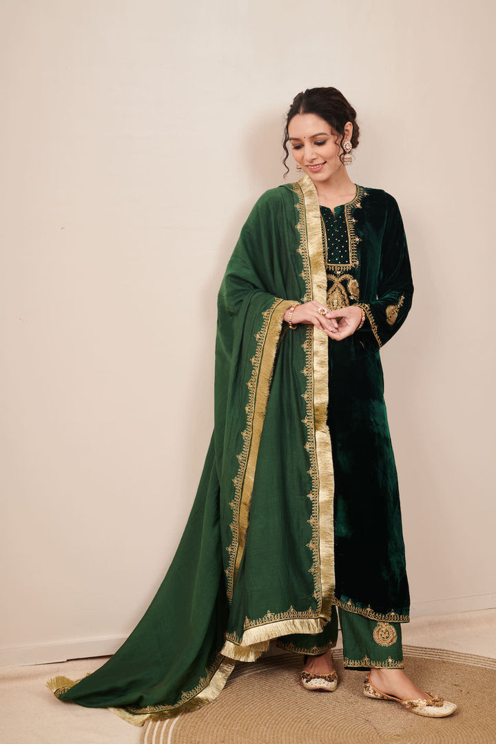 Naveli Green Zari Embroidered Kurta Palazzo set with Dupatta - Set of 3