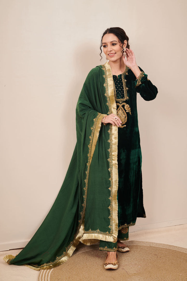 Naveli Green Zari Embroidered Kurta Palazzo set with Dupatta - Set of 3