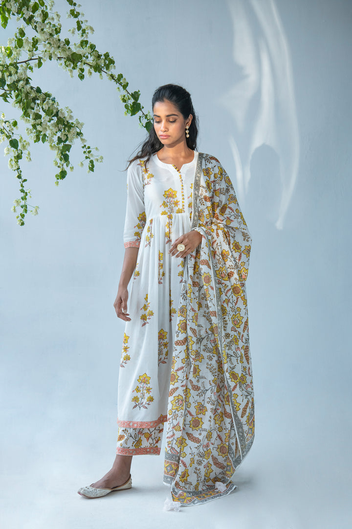 Offwhite Buta anarkali with Palazo and Duppata - set of 3