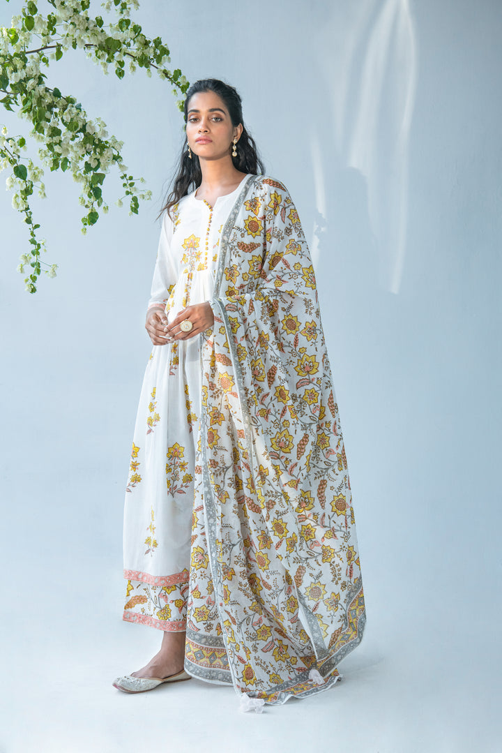 Offwhite Buta anarkali with Palazo and Duppata - set of 3