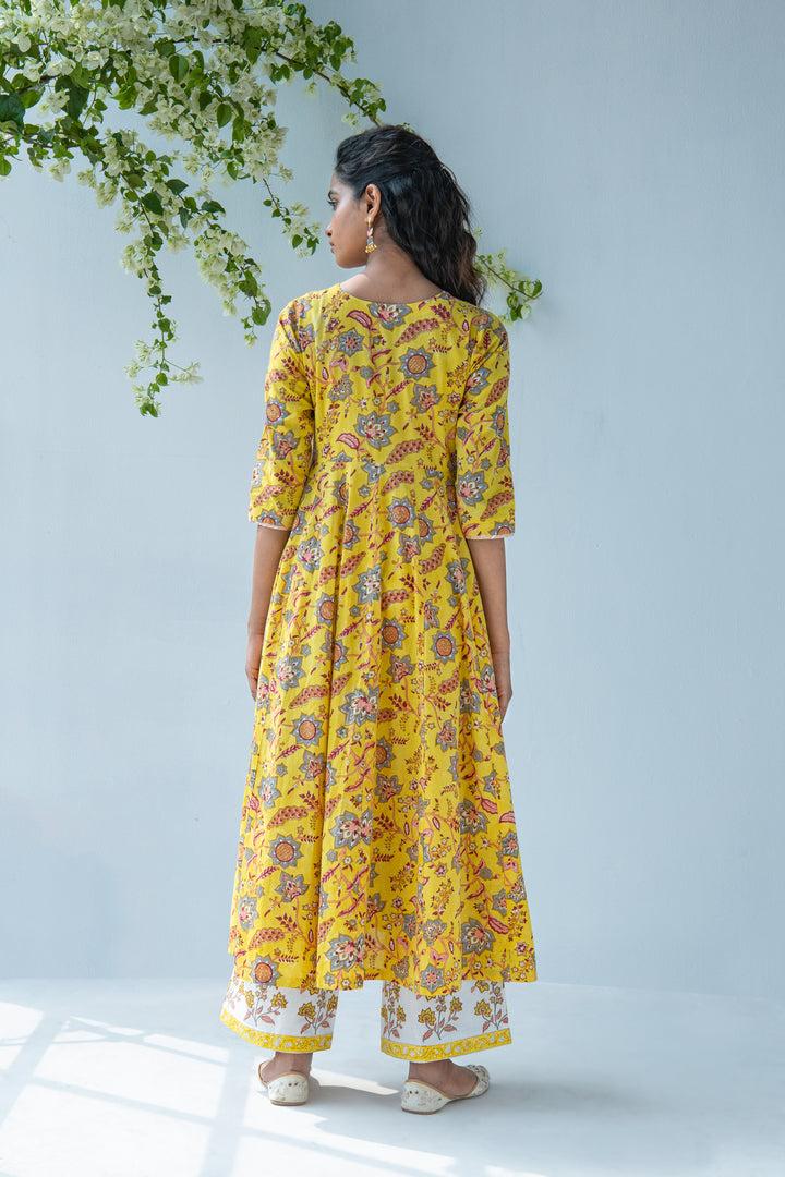 Yellow Hand block Printed Anarkali with Palazzo and Duppata - set of 3