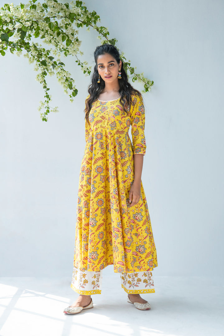 Yellow Hand block Printed Anarkali with Palazzo and Duppata - set of 3