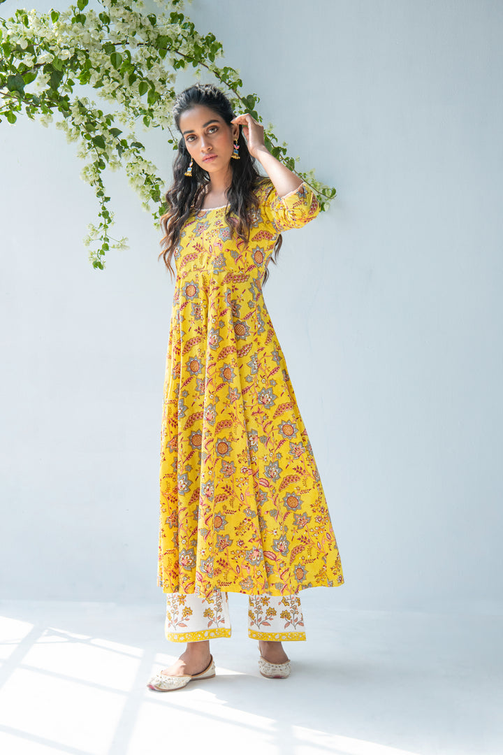 Yellow Hand block Printed Anarkali with Palazzo and Duppata - set of 3
