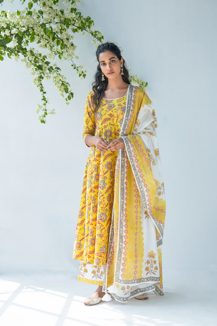 Yellow Hand block Printed Anarkali with Palazzo and Duppata - set of 3