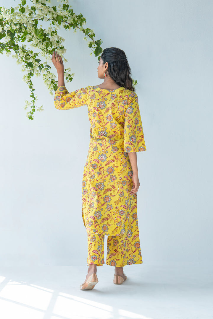 Yellow Hand Block Printed Kurta with Palazzo and Mul Dupatta