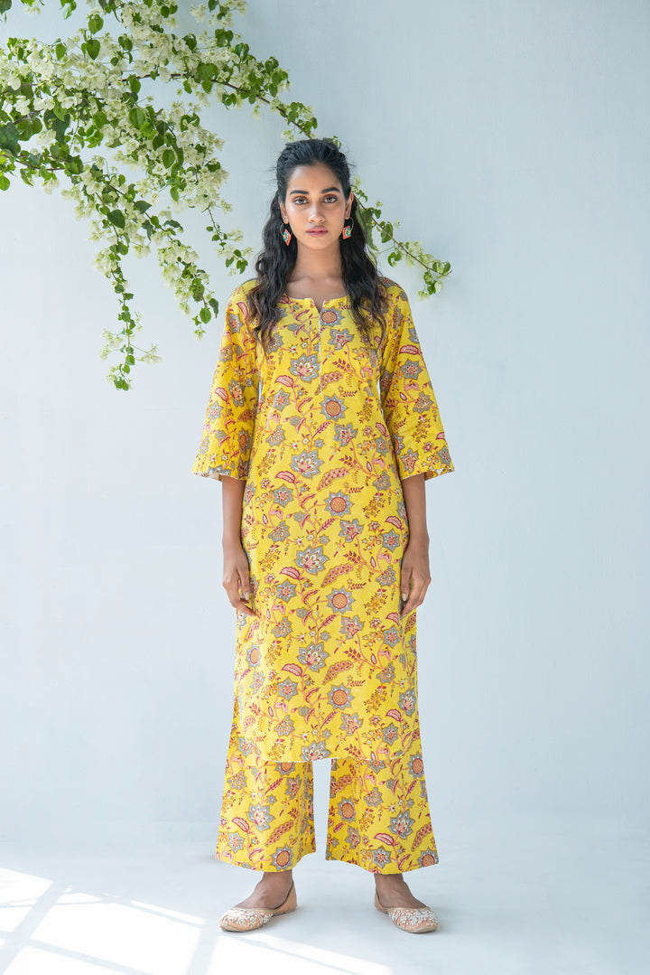 Yellow Hand Block Printed Kurta with Palazzo and Mul Dupatta