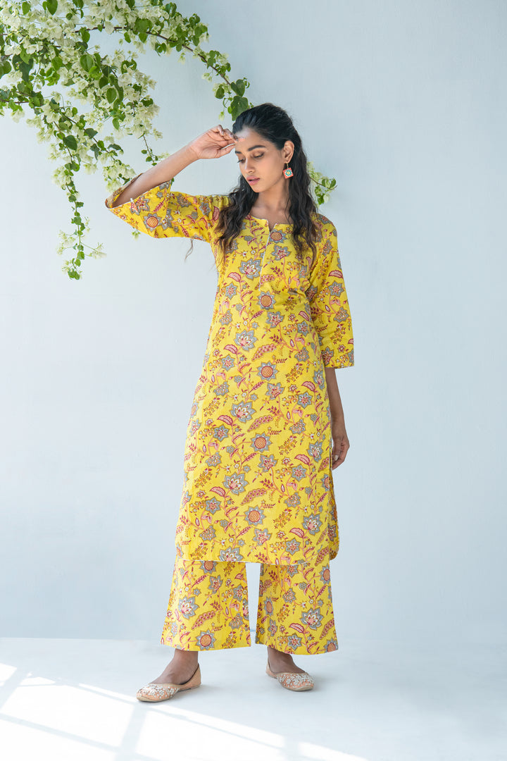 Yellow Hand Block Printed Kurta with Palazzo and Mul Dupatta