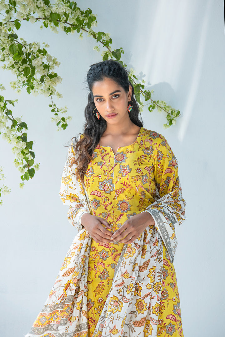 Yellow Hand Block Printed Kurta with Palazzo and Mul Dupatta