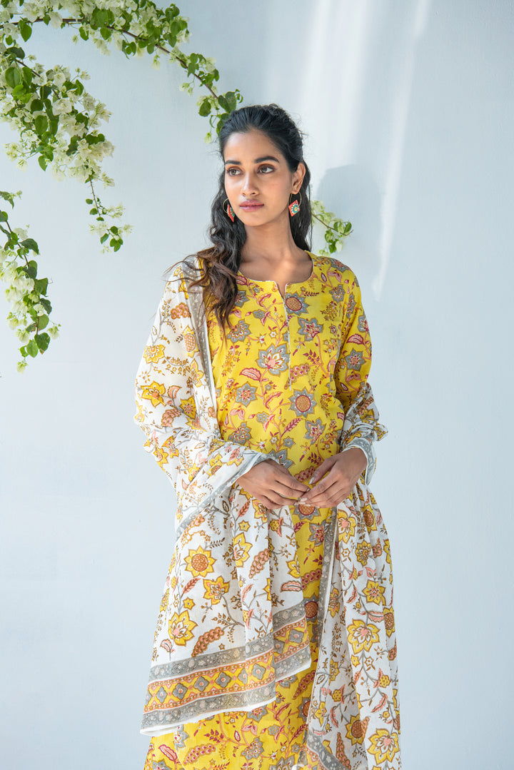 Yellow Hand Block Printed Kurta with Palazzo and Mul Dupatta