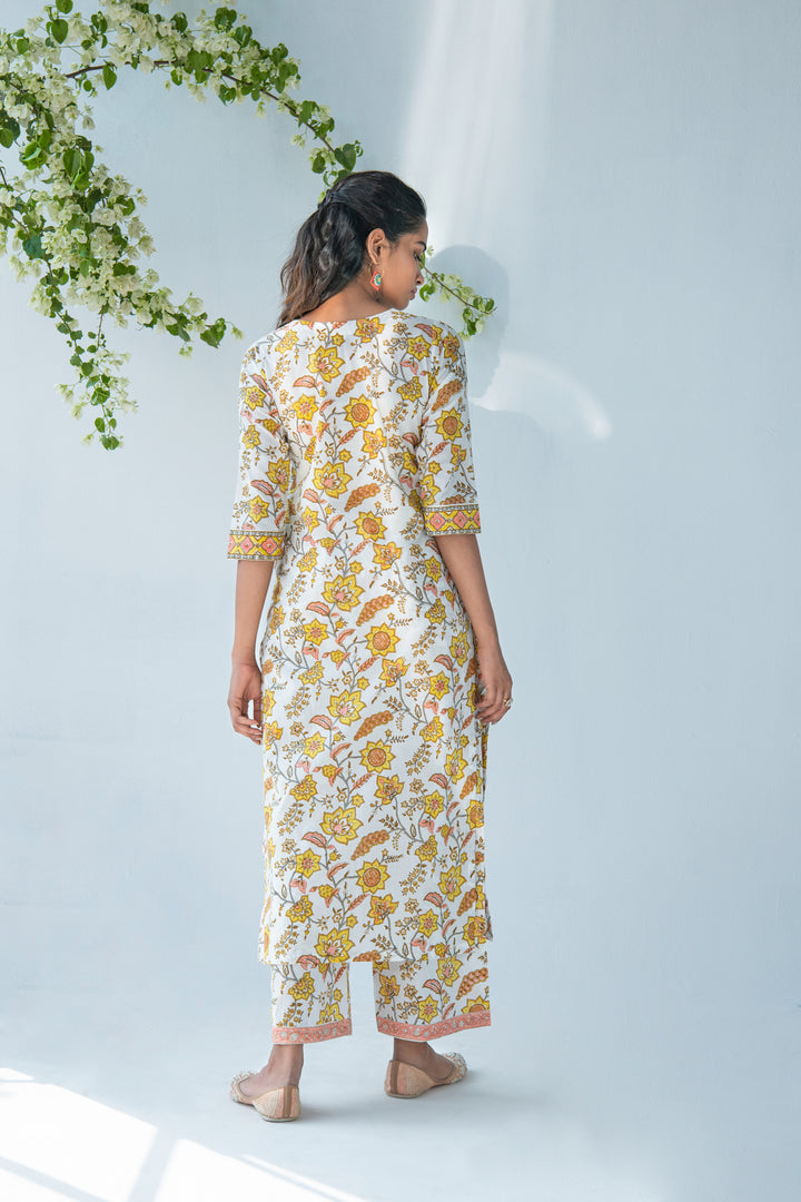 Offwhite handblock printed kurta with palazzo and dupatta