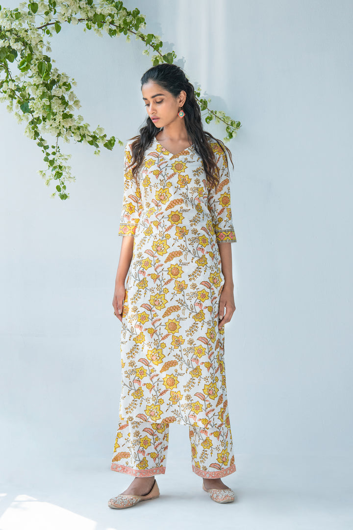 Offwhite handblock printed kurta with palazzo and dupatta