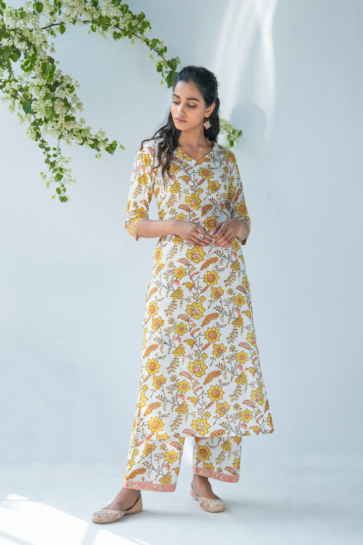 Offwhite handblock printed kurta with palazzo and dupatta
