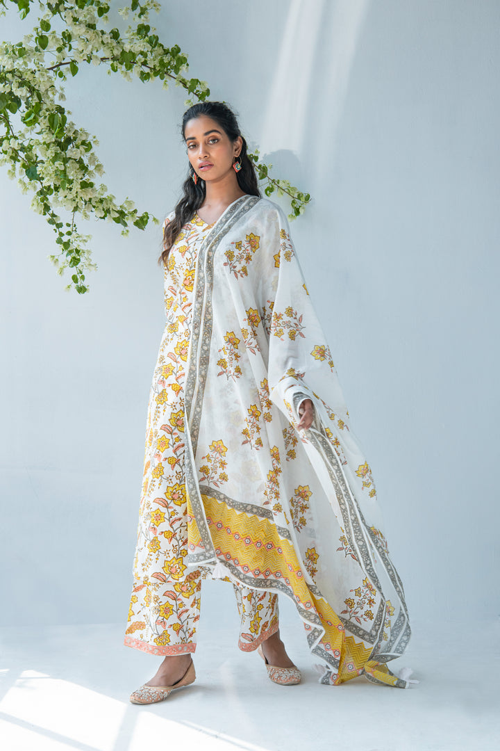 Offwhite handblock printed kurta with palazzo and dupatta
