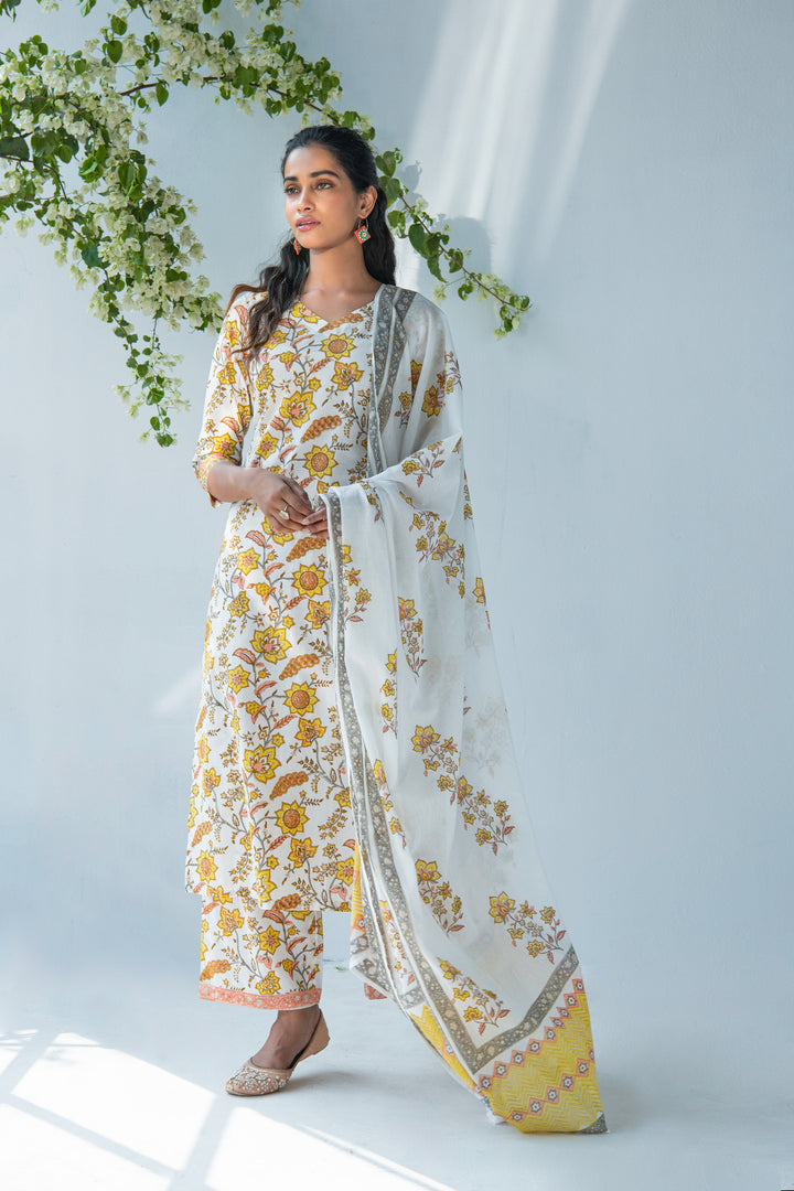 Offwhite handblock printed kurta with palazzo and dupatta