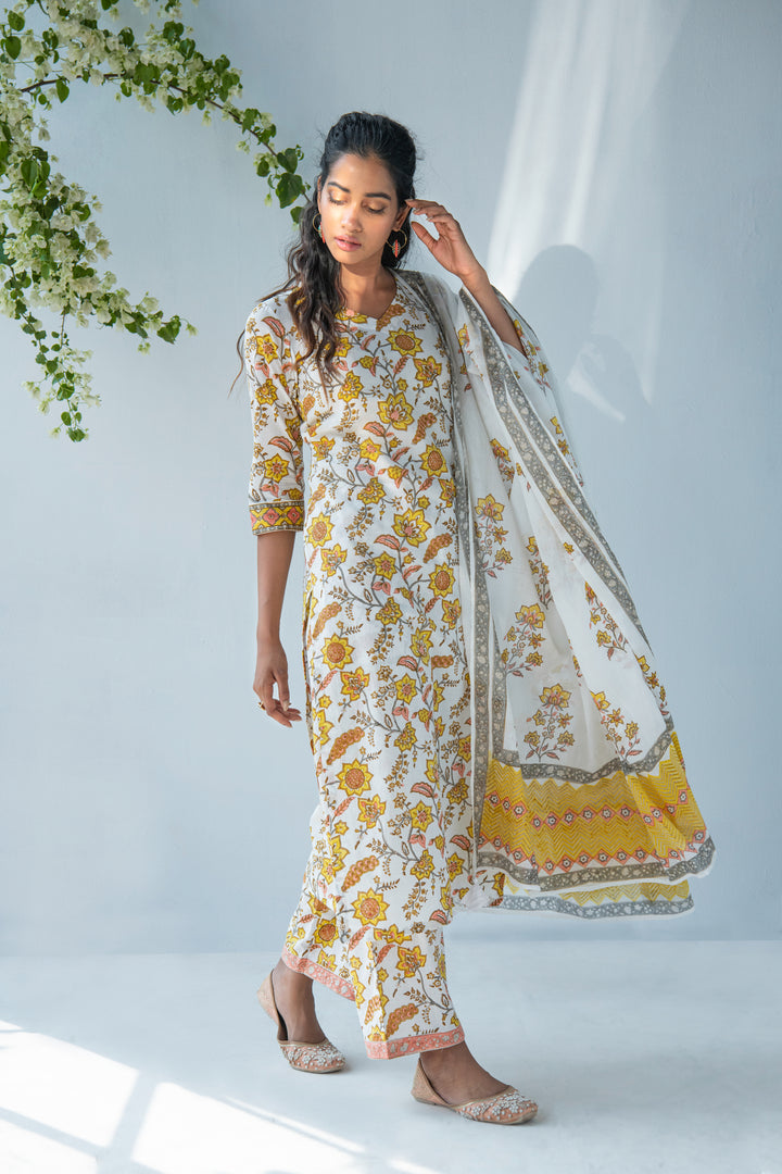 Offwhite handblock printed kurta with palazzo and dupatta