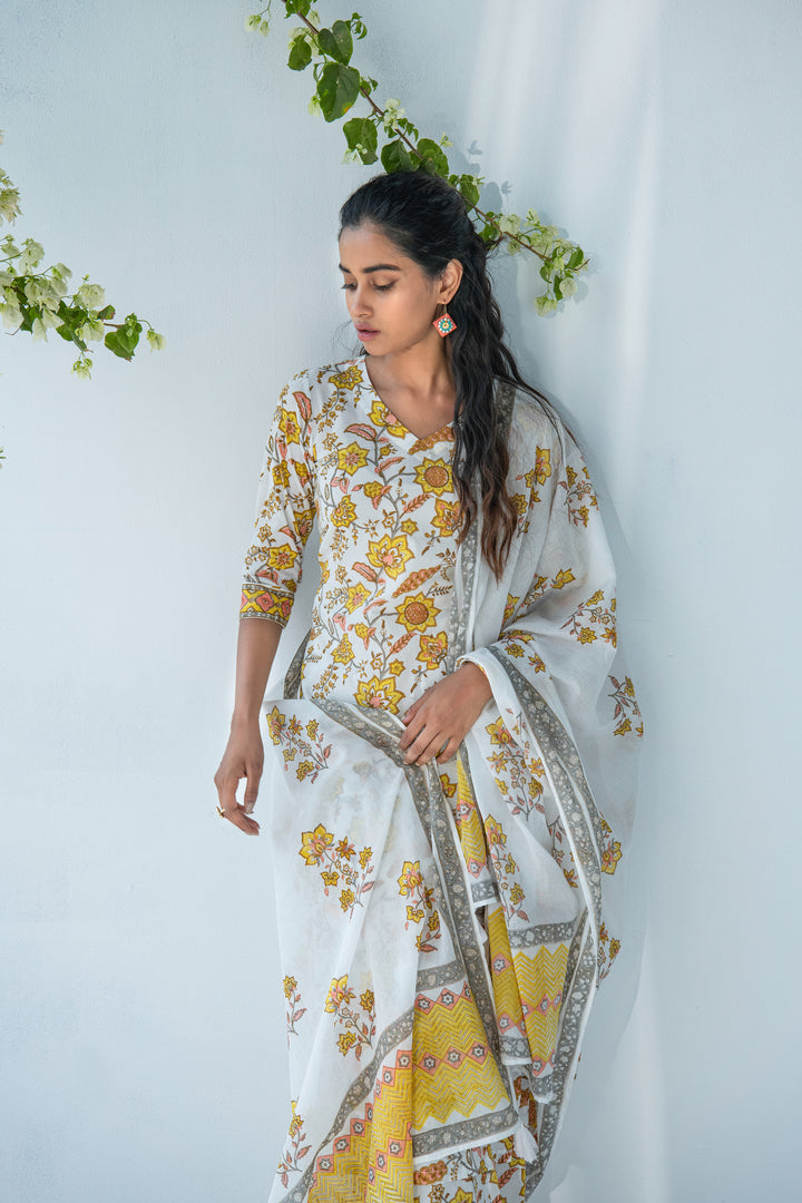 Offwhite handblock printed kurta with palazzo and dupatta