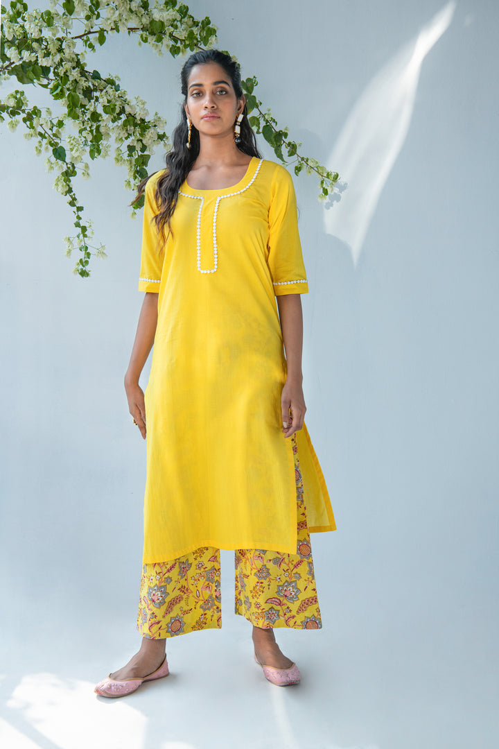 Yellow Kurta with hand block Printed Palazzo and Duppata
