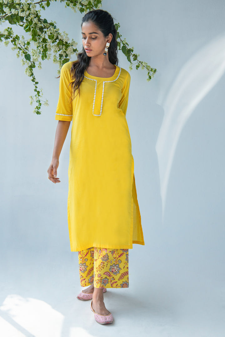 Yellow Kurta with hand block Printed Palazzo and Duppata