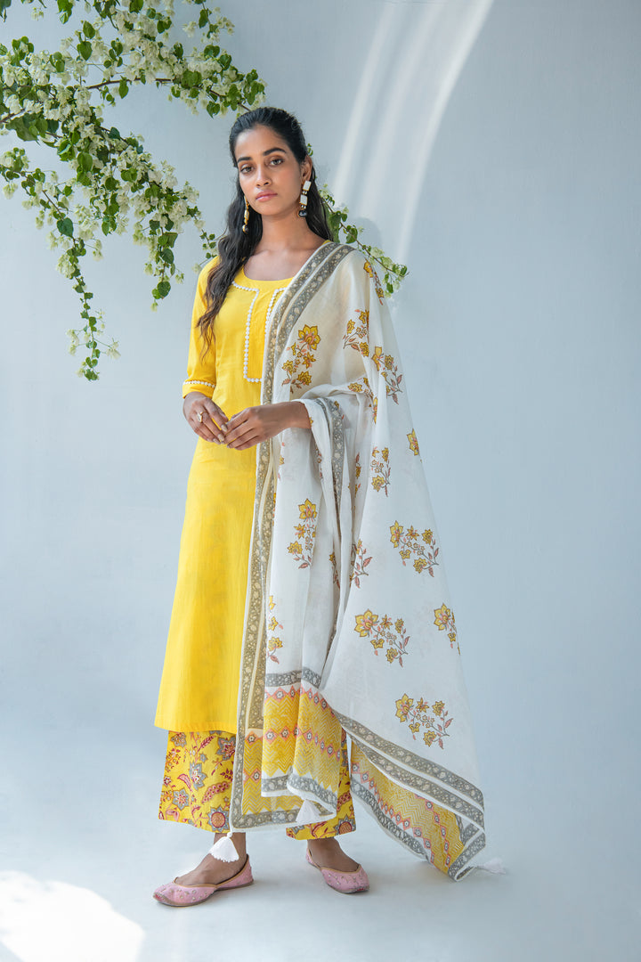 Yellow Kurta with hand block Printed Palazzo and Duppata