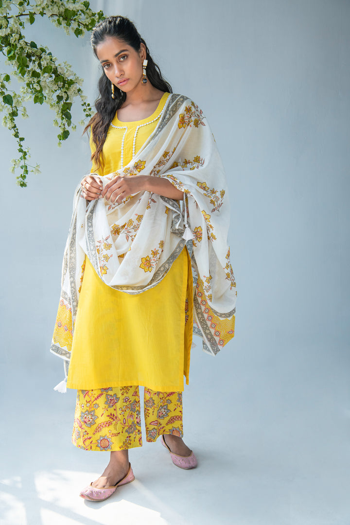 Yellow Kurta with hand block Printed Palazzo and Duppata