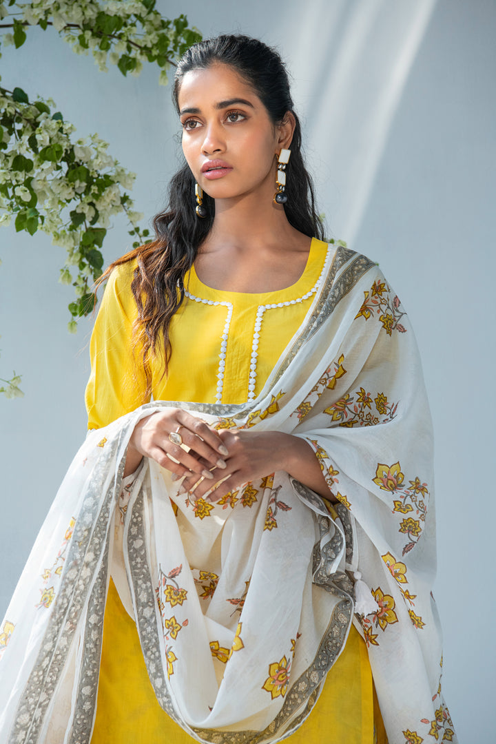 Yellow Kurta with hand block Printed Palazzo and Duppata