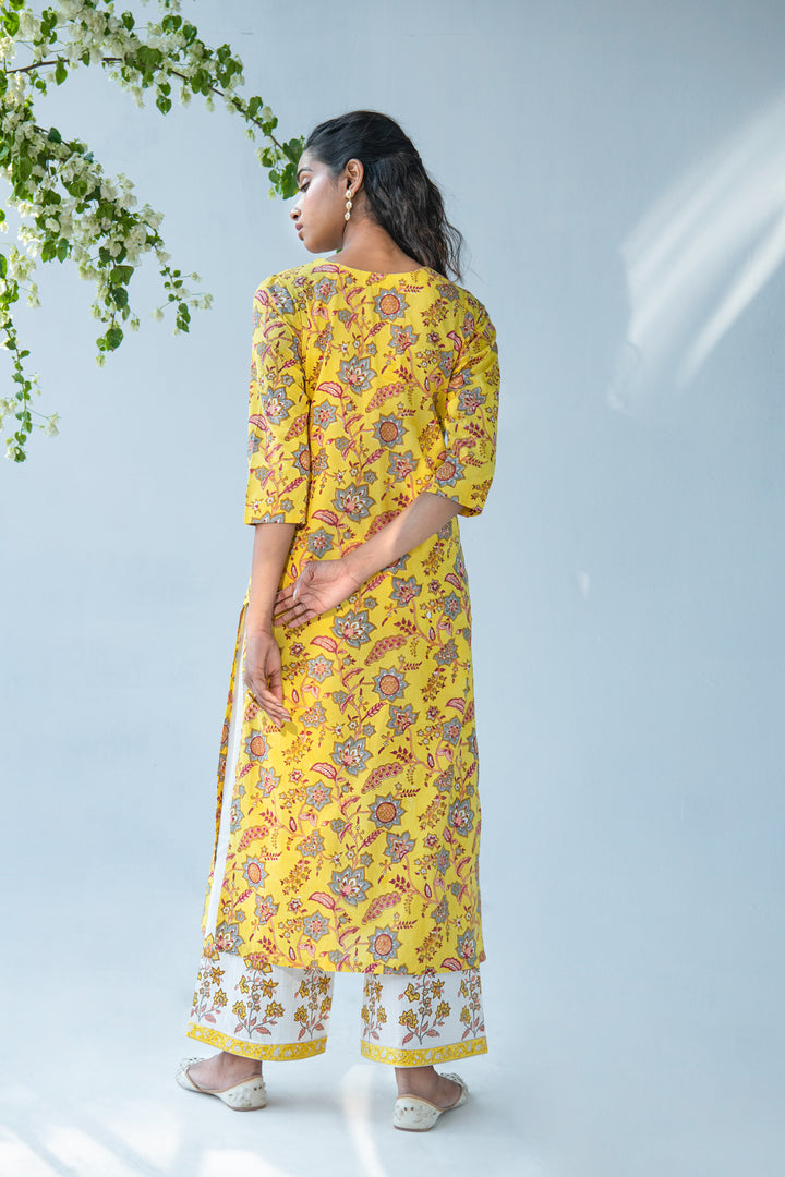 Yellow hand block printed kurta with offwhite Palazzo and Dupatta