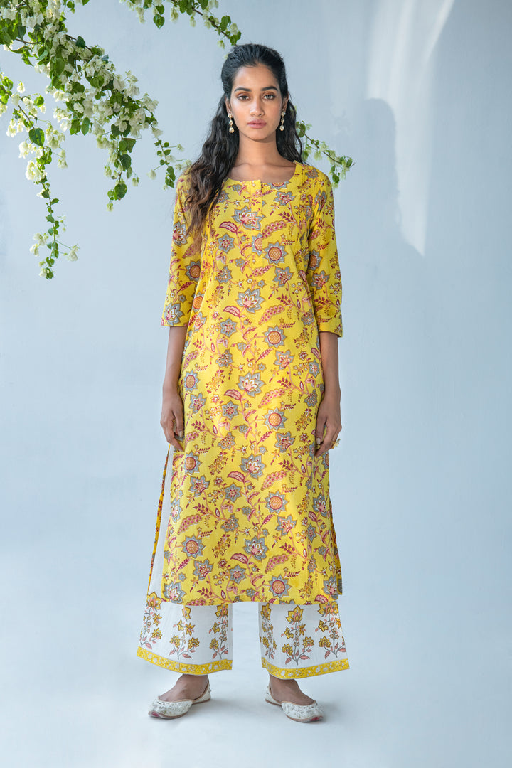 Yellow hand block printed kurta with offwhite Palazzo and Dupatta