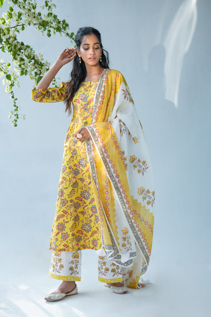 Yellow hand block printed kurta with offwhite Palazzo and Dupatta