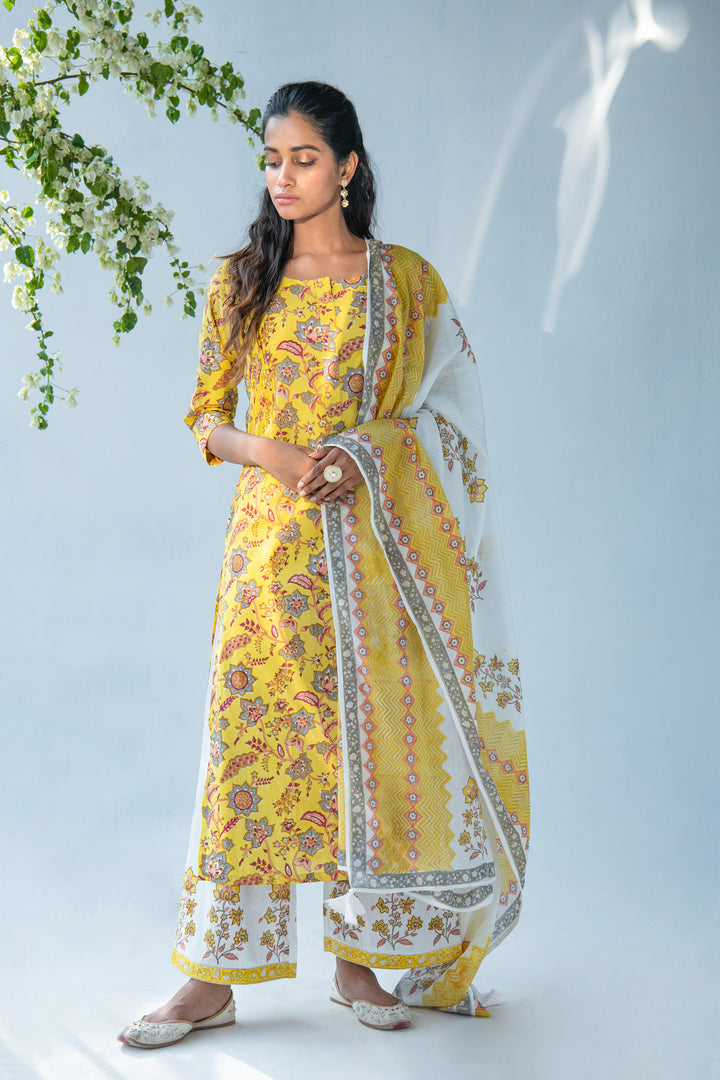 Yellow hand block printed kurta with offwhite Palazzo and Dupatta