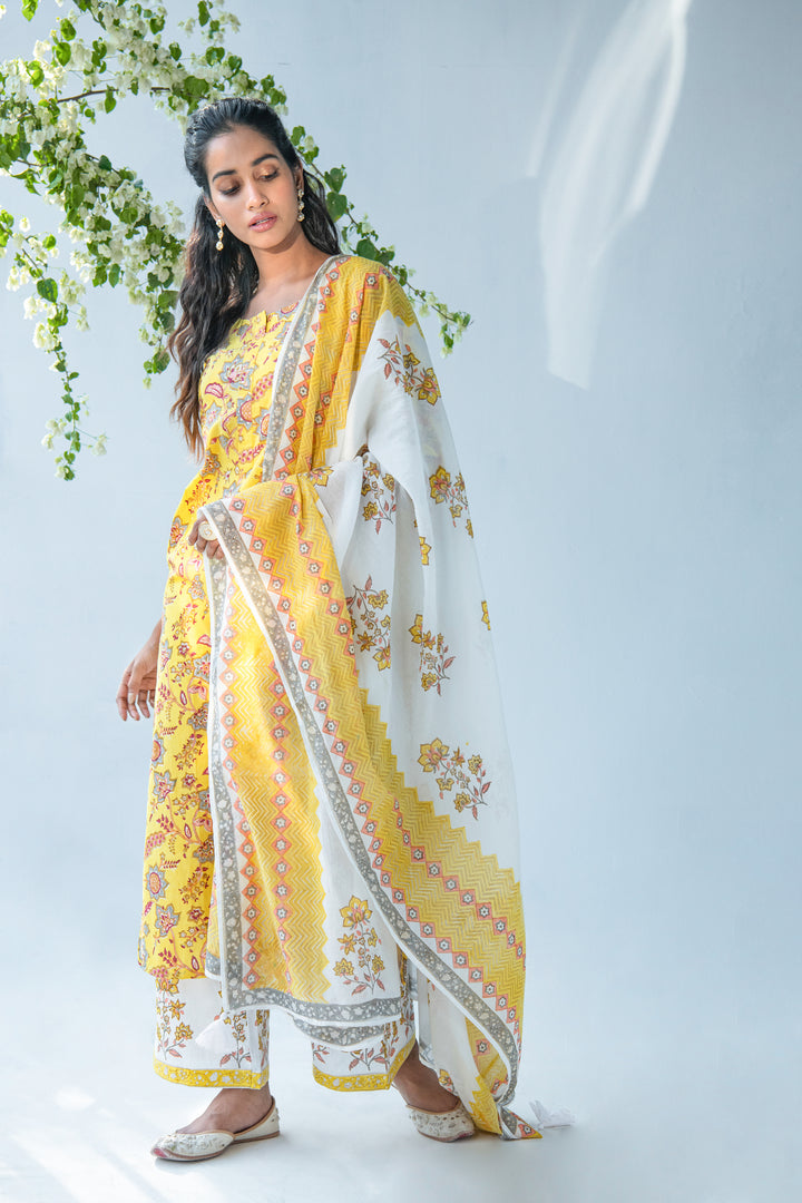 Yellow hand block printed kurta with offwhite Palazzo and Dupatta