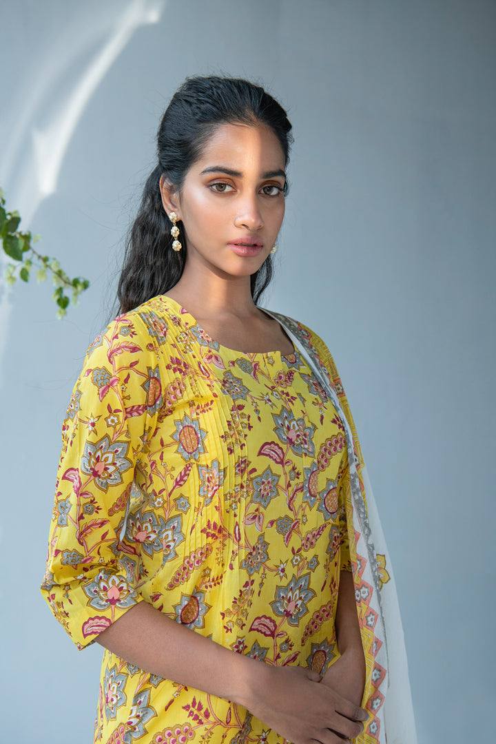 Yellow hand block printed kurta with offwhite Palazzo and Dupatta