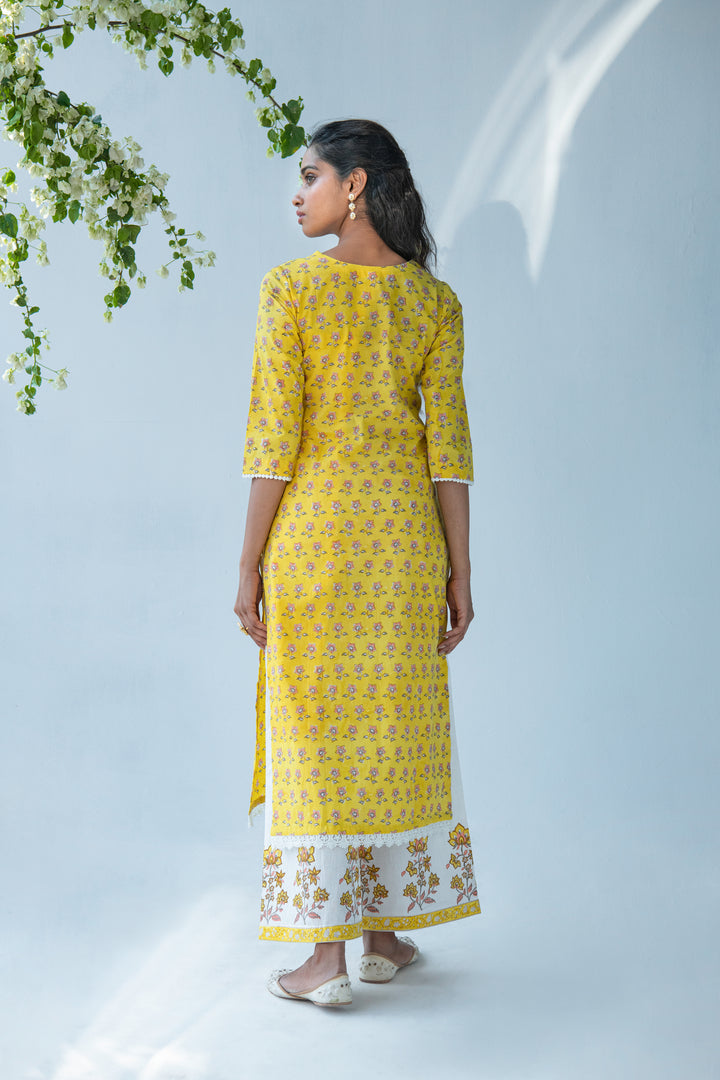 Yellow hand block printed Buti kurta with palazzo and dupatta