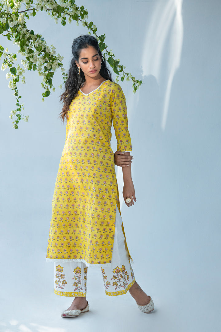 Yellow hand block printed Buti kurta with palazzo and dupatta