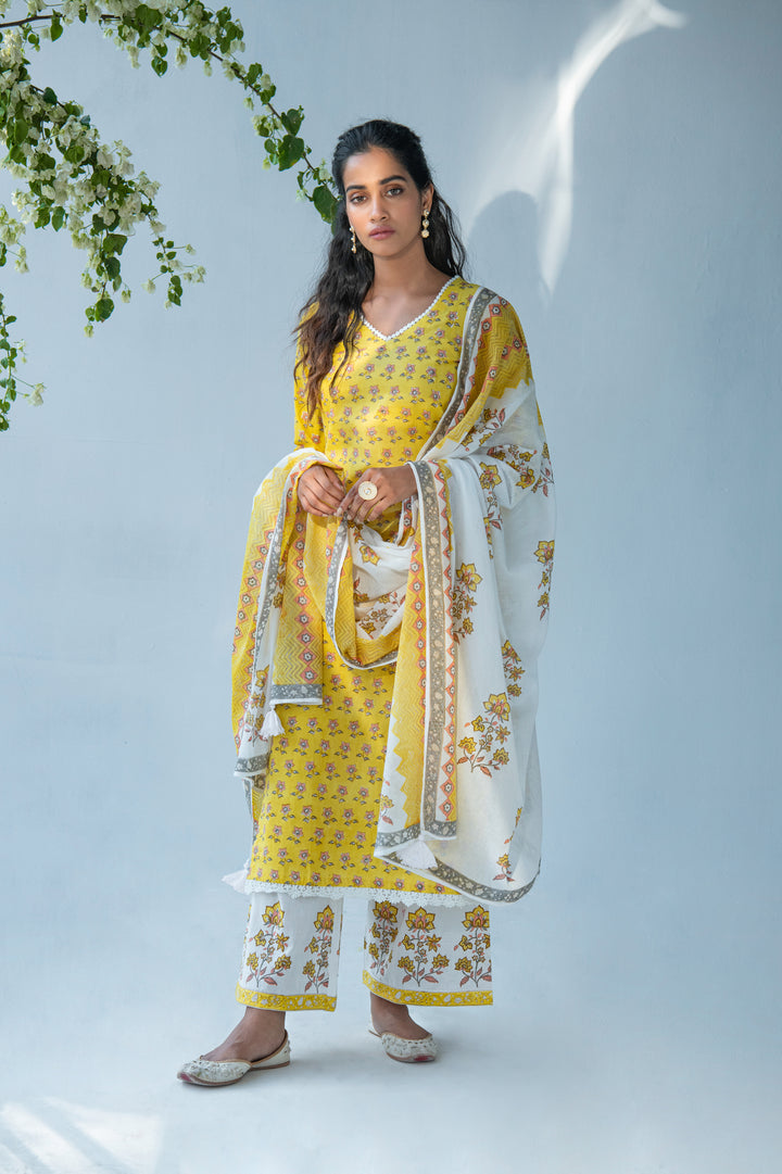 Yellow hand block printed Buti kurta with palazzo and dupatta