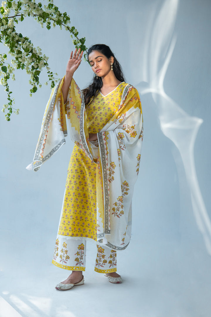 Yellow hand block printed Buti kurta with palazzo and dupatta