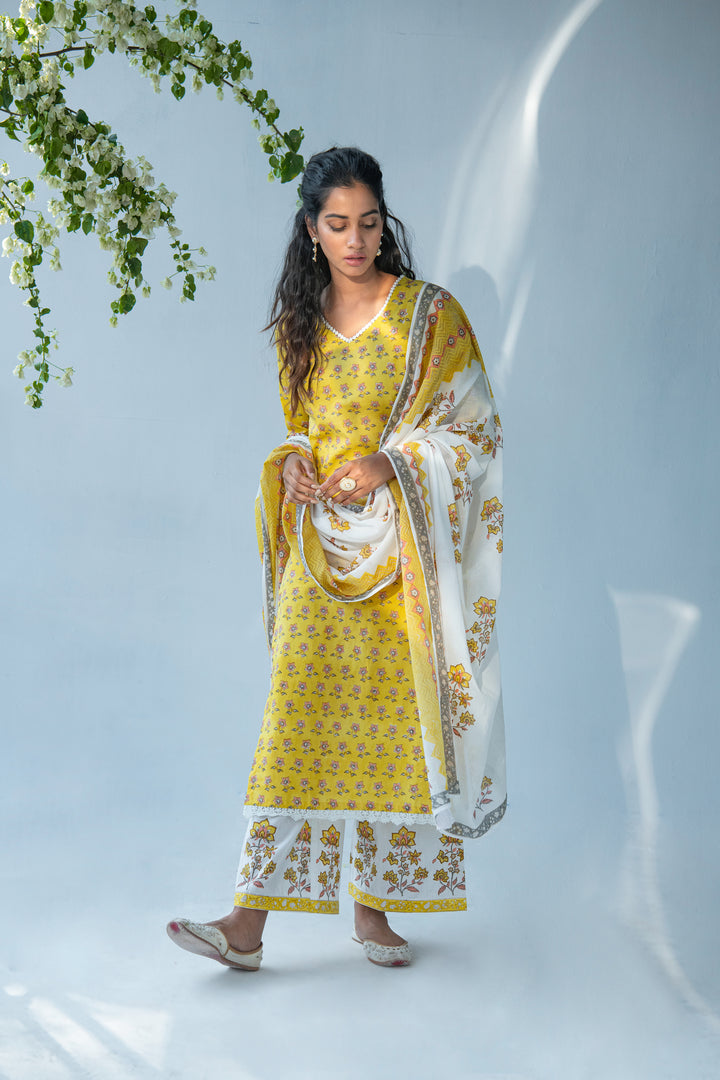 Yellow hand block printed Buti kurta with palazzo and dupatta