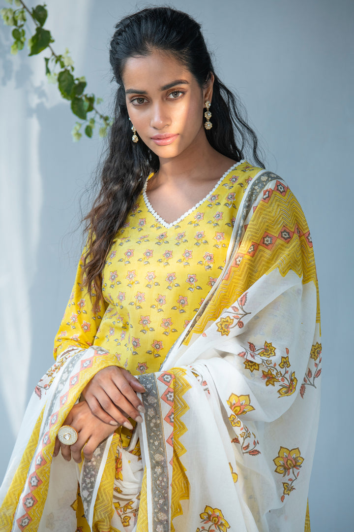Yellow hand block printed Buti kurta with palazzo and dupatta