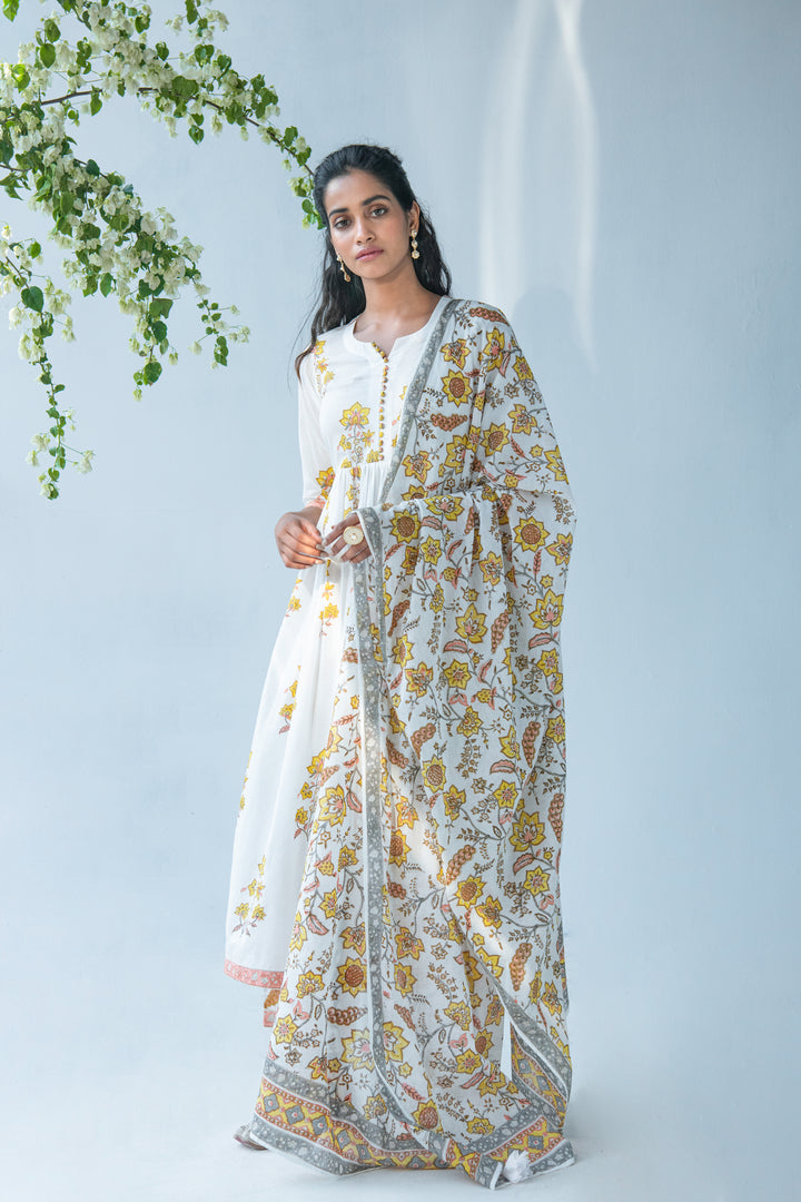 Offwhite Buta anarkali with Palazo and Duppata - set of 3