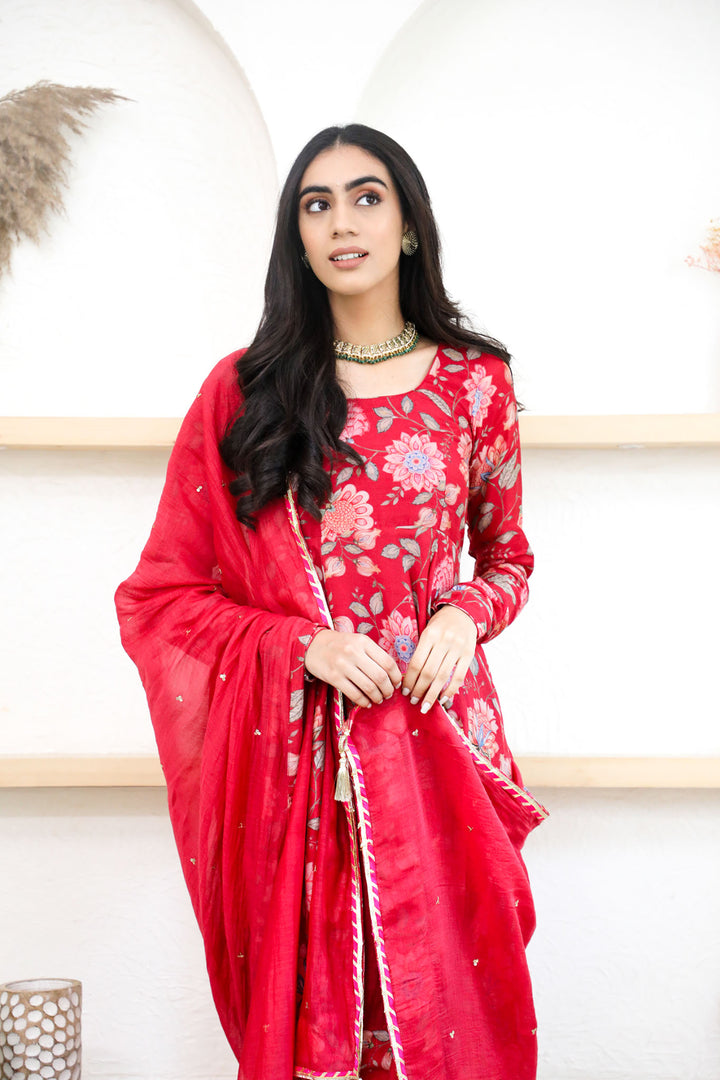 Red printed Anarkali with Chooridar and Dupatta- set of 3