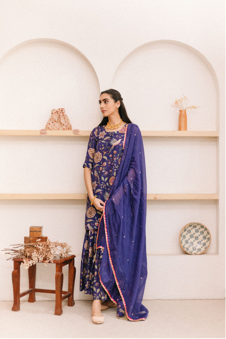 Morocon Blue Printed Short kurta with Sharara and Dupatta- Set of 3