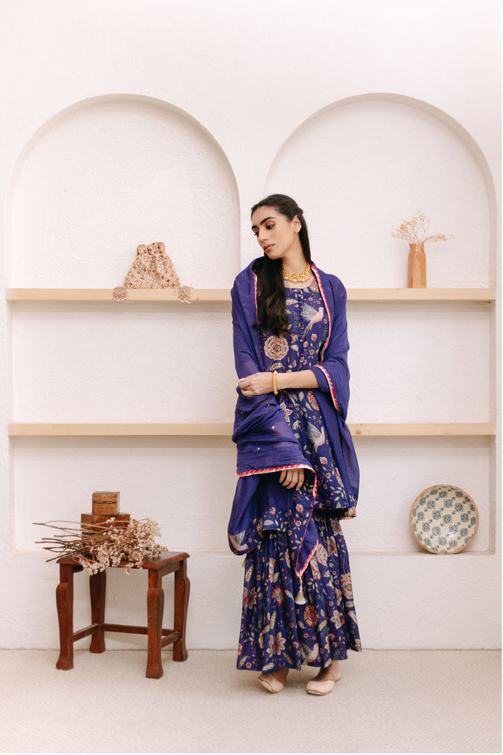 Morocon Blue Printed Short kurta with Sharara and Dupatta- Set of 3