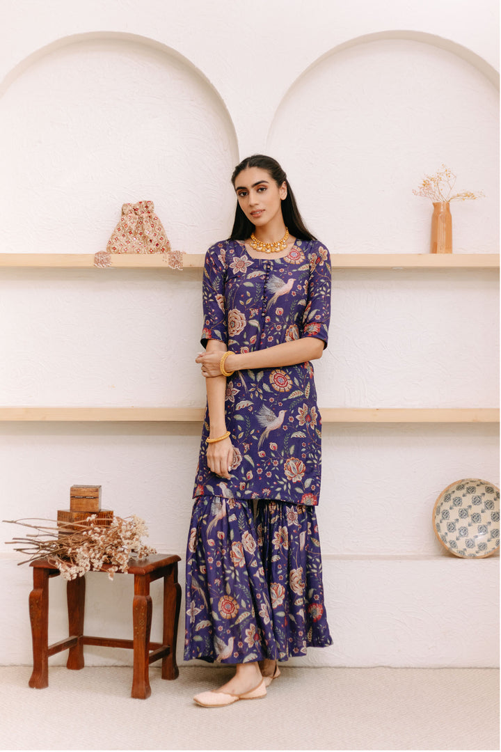 Morocon Blue Printed Short kurta with Sharara and Dupatta- Set of 3