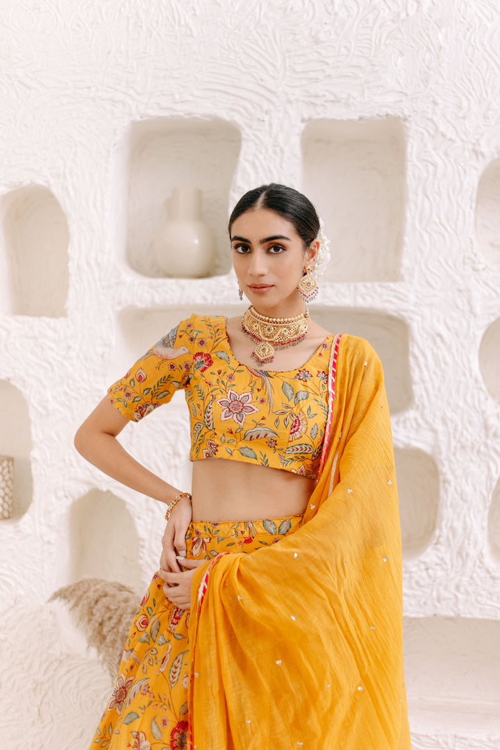 Yellow Floral print Lehenga with Floral print Blouse and Dupatta - set of 3