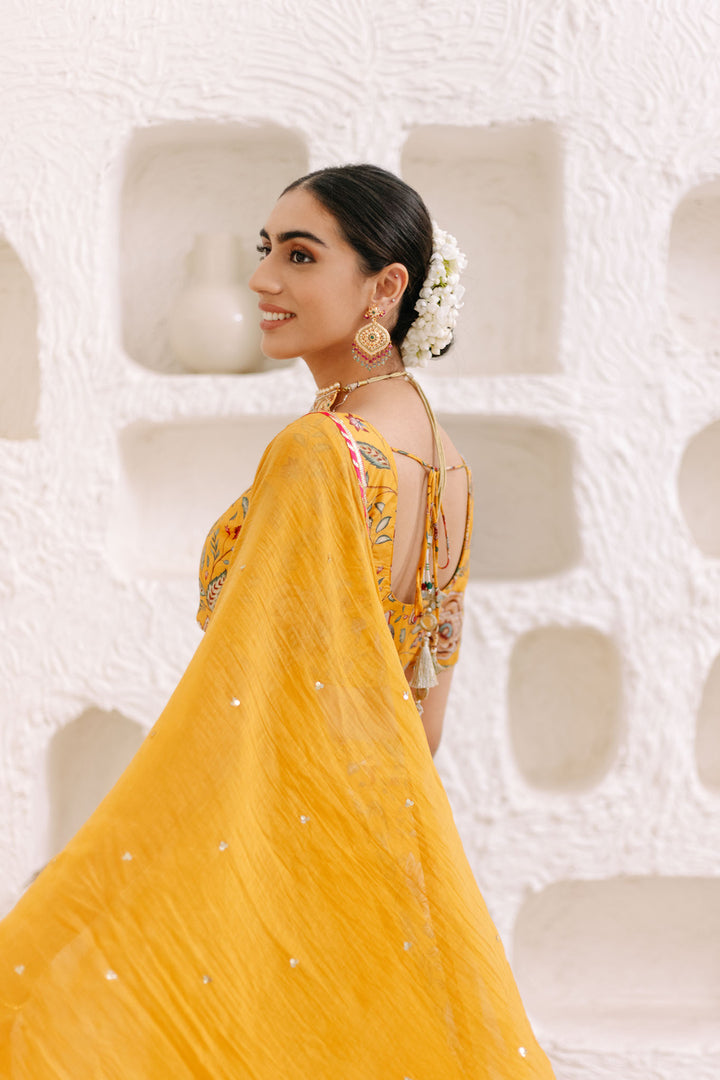 Yellow Floral print Lehenga with Floral print Blouse and Dupatta - set of 3