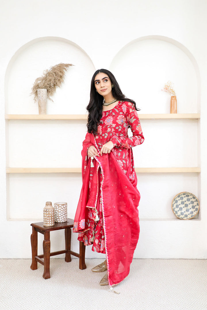 Red printed Anarkali with Chooridar and Dupatta- set of 3