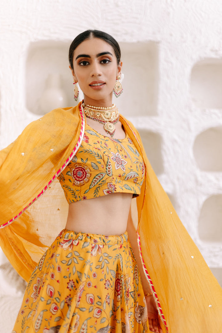 Yellow Floral print Lehenga with Floral print Blouse and Dupatta - set of 3