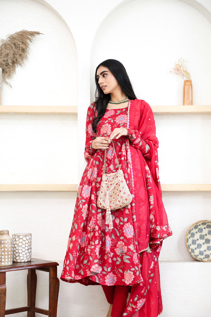 Red printed Anarkali with Chooridar and Dupatta- set of 3