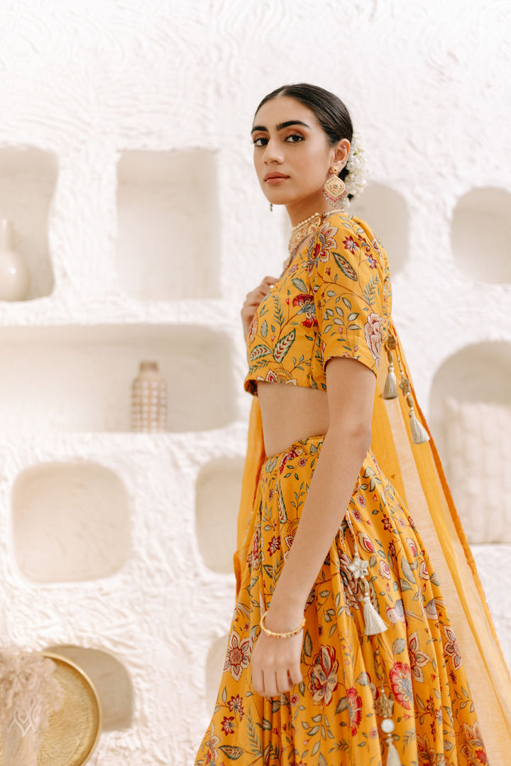 Yellow Floral print Lehenga with Floral print Blouse and Dupatta - set of 3
