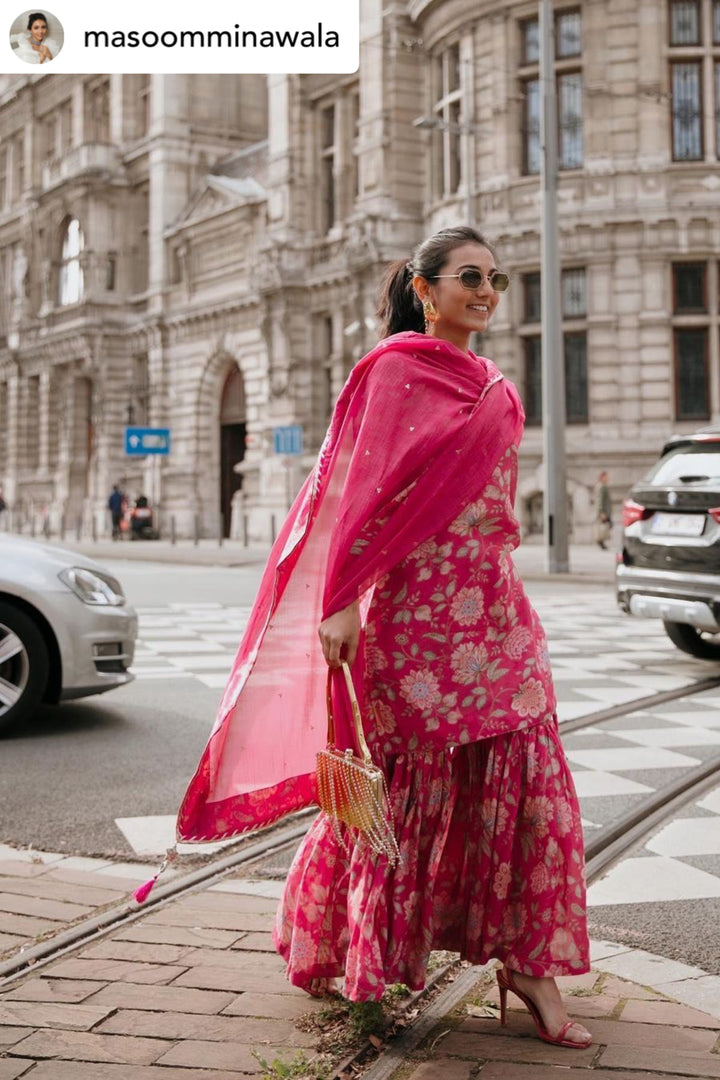 Masoom Minawala in Hot Pink Printed Short kurta with Sharara and Dupatta- Set of 3